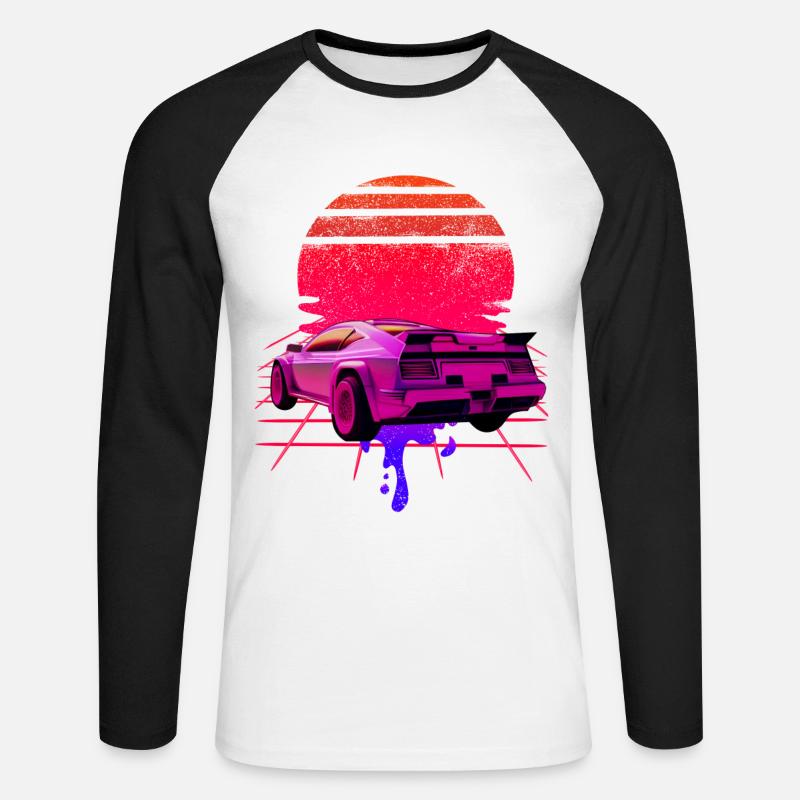 Retro Wave Supercar Sunset - Unisex Baseballshirt langarm - Weiß/Schwarz
