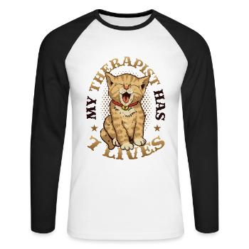 Mon thérapeute a 7 vies, amoureux des chats - T-shirt baseball manches longues Homme - blanc/noir - Devant - Nik (191cm)