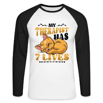 Mon thérapeute a 7 vies, amoureux des chats - T-shirt baseball manches longues Homme - blanc/noir - Devant - Nik (191cm)