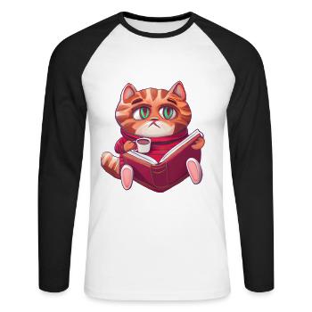 Katze Lesen Bücher Buch - Unisex Baseballshirt langarm - Weiß/Schwarz - Vorne - Nik (191cm)