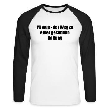 Pilates - Pilates - der Weg zu einer gesunden - Unisex Baseballshirt langarm - Weiß/Schwarz - Vorne - Nik (191cm)