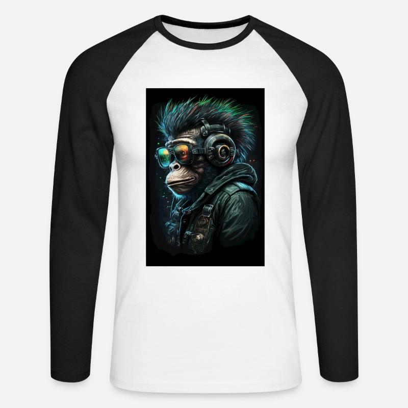 Punk Monkey mit Kopfhörern - Unisex Baseballshirt langarm - Weiß/Schwarz