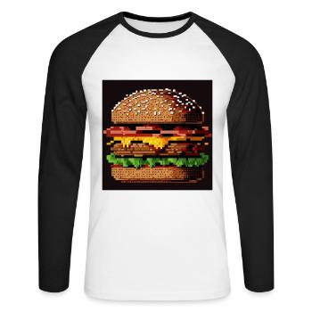 Burger 8 bits, Pixel Art - T-shirt baseball manches longues Homme - blanc/noir - Devant - Nik (191cm)