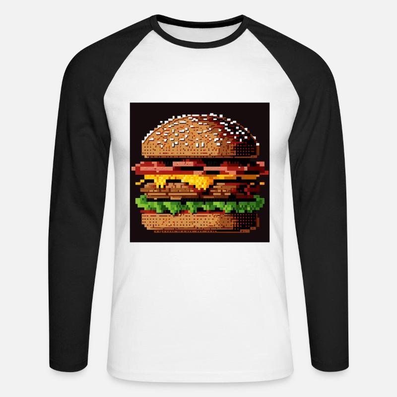 8-Bit-Burger, Pixel-Art - Unisex Baseballshirt langarm - Weiß/Schwarz