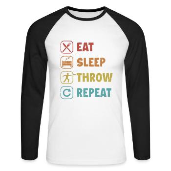 Eat Sleep Throw Repeat Frisbee Golf Basket Disc - Unisex Long Sleeve Baseball T-Shirt - white/black - Front - Nik (191cm)