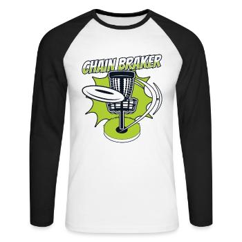 Chain Braker Basket Disc Golfer Frisbee - Unisex Long Sleeve Baseball T-Shirt - white/black - Front - Nik (191cm)