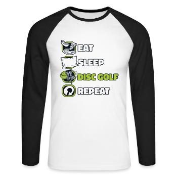 Eat Sleep Disc Golf Repeat Basket Disc Disc - Unisex Long Sleeve Baseball T-Shirt - white/black - Front - Nik (191cm)