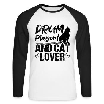 Joueur de tambour et amoureux des chats Batteur et propriétaire de chats - T-shirt baseball manches longues Homme - blanc/noir - Devant - Nik (191cm)