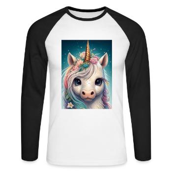 Buntes Kawaii Einhorn - Unisex Baseballshirt langarm - Weiß/Schwarz - Vorne - Nik (191cm)