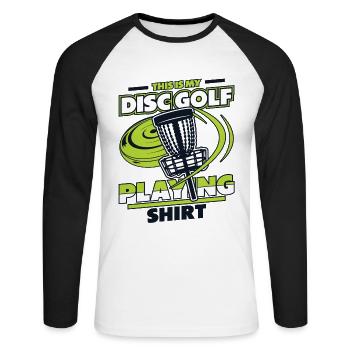 Ceci est mon panier de vêtements de jeu de disc golf - T-shirt baseball manches longues Homme - blanc/noir - Devant - Nik (191cm)