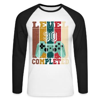 Level 30 abgeschlossen, Geburtstagsgeschenk 30 Jahre Gamer - Unisex Baseballshirt langarm - Weiß/Schwarz - Vorne - Nik (191cm)