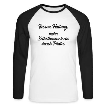 Pilates - Bessere Haltung, mehr Selbstbewusstsein - Unisex Baseballshirt langarm - Weiß/Schwarz - Vorne - Nik (191cm)