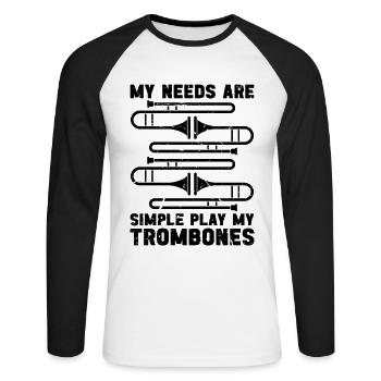 My Needs Are Simple Retro Brass Band Trombonist - Unisex Long Sleeve Baseball T-Shirt - white/black - Front - Nik (191cm)