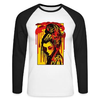 Farbige Tropfen und japanisches Geisha-Mädchen - Unisex Baseballshirt langarm - Weiß/Schwarz - Vorne - Nik (191cm)