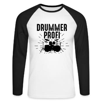 Batteur Profi Drum Player - Batteur Musicien Drumm - T-shirt baseball manches longues Homme - blanc/noir - Devant - Nik (191cm)