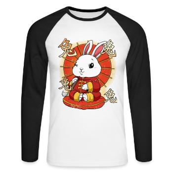 Année du Lièvre Nouvel An lunaire chinois - T-shirt baseball manches longues Homme - blanc/noir - Devant - Nik (191cm)