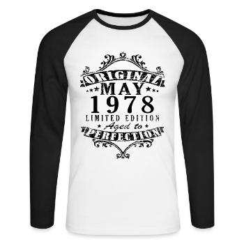 May 1978 Vintage Retro Birthday - Unisex Long Sleeve Baseball T-Shirt - white/black - Front - Nik (191cm)