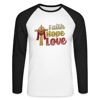 Faith, Hope, Love, Church, Religion - Unisex Long Sleeve Baseball T-Shirt - white/black - Front - Nik (191cm)