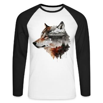 Wolf Berge Natur Wald Tier Tiermotiv Geschenkidee - Unisex Baseballshirt langarm - Weiß/Schwarz - Vorne - Nik (191cm)