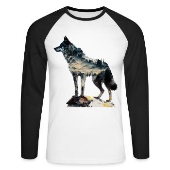 Wolf Berge Natur Wald Tier Tiermotiv Geschenkidee - Unisex Baseballshirt langarm - Weiß/Schwarz - Vorne - Nik (191cm)