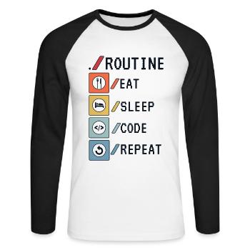 Routine Eat Sleep Code Repeat Developer Coder - T-shirt baseball manches longues Homme - blanc/noir - Devant - Nik (191cm)