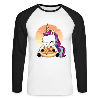 Licorne mangeant une pizza au coucher du soleil - T-shirt baseball manches longues Homme - blanc/noir - Devant - Nik (191cm)