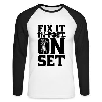 Fix It On Set Filmmaking Cinematographer Filmmaker - Unisex Long Sleeve Baseball T-Shirt - white/black - Front - Nik (191cm)