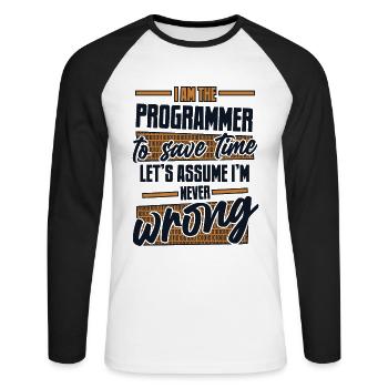 Programmeur Supposons que je ne me trompe jamais de codeur - T-shirt baseball manches longues Homme - blanc/noir - Devant - Nik (191cm)