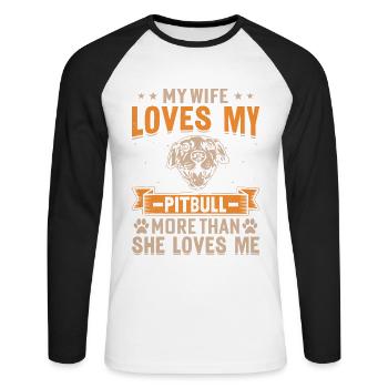 Ma femme aime mon pitbull plus qu’elle ne m’aime - T-shirt baseball manches longues Homme - blanc/noir - Devant - Nik (191cm)
