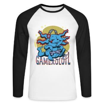Gaming Axolotl Mexican Amphibian Newt Videogame - Unisex Long Sleeve Baseball T-Shirt - white/black - Front - Nik (191cm)