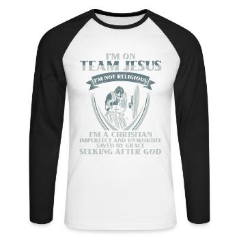 I am part of the team Jesus I am a believer Christian God - Unisex Long Sleeve Baseball T-Shirt - white/black - Front - Nik (191cm)