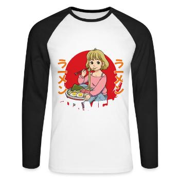 But First Ramen - Unisex Baseballshirt langarm - Weiß/Schwarz - Vorne - Nik (191cm)