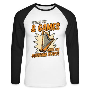Until The Buzzering Starts Harp Music Harp - Unisex Long Sleeve Baseball T-Shirt - white/black - Front - Nik (191cm)