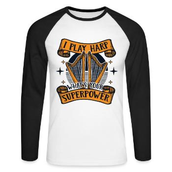 I Play Harp What's Your Superpower Harfe - Unisex Long Sleeve Baseball T-Shirt - white/black - Front - Nik (191cm)