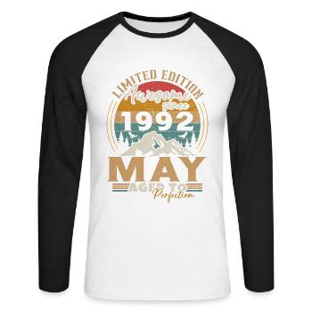 May 1992 Vintage Born in May 1992 Anniversary - Unisex Long Sleeve Baseball T-Shirt - white/black - Front - Nik (191cm)