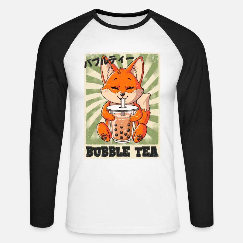 Boba Tea Fox Bubble Tea - Unisex Long Sleeve Baseball T-Shirt - white/black