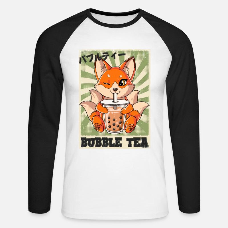 Boba Tea Kitsune Bubble Tea - Unisex Long Sleeve Baseball T-Shirt - white/black