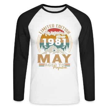 Mai 1981 Vintage Nées En Mai 1981 Anniversaire - T-shirt baseball manches longues Homme - blanc/noir - Devant - Nik (191cm)