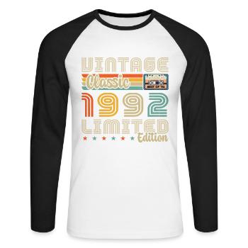 1992 Vintage Nées En 1992 Cadeau D'anniversaire - T-shirt baseball manches longues Homme - blanc/noir - Devant - Nik (191cm)