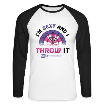 Je suis sexy et je lance une fléchette - T-shirt baseball manches longues Homme - blanc/noir - Devant - Nik (191cm)