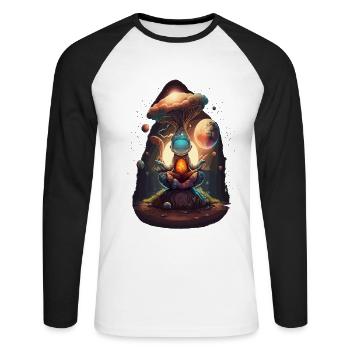 Alien Buddha Spirit Galaxy Yoga Meditation - Unisex Long Sleeve Baseball T-Shirt - white/black - Front - Nik (191cm)