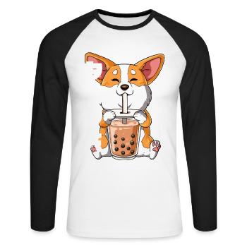 Boba Tea Corgi Dog Bubble Tea - Unisex Long Sleeve Baseball T-Shirt - white/black - Front - Nik (191cm)