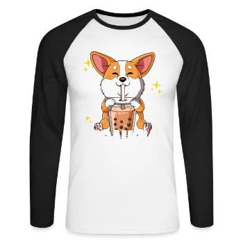 Bubble Tea Corgi Chien Boba Tea Bobaholic - T-shirt baseball manches longues Homme - blanc/noir - Devant - Nik (191cm)