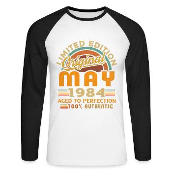 May 1984 Vintage Born in May 1984 Anniversary - Unisex Long Sleeve Baseball T-Shirt - white/black - Front - Nik (191cm)