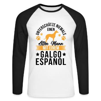 Alter Mann mit Galgo Espanol Spanischer Windhund - Unisex Baseballshirt langarm - Weiß/Schwarz - Vorne - Nik (191cm)