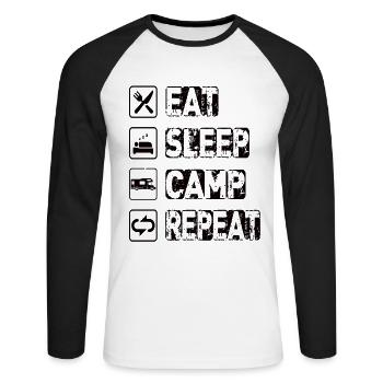 Eat Sleep Camp Repeat - Unisex Baseballshirt langarm - Weiß/Schwarz - Vorne - Nik (191cm)