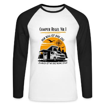 Camper Regel Nr.1- Kastenwagen Wohnmobil Spruch - Unisex Baseballshirt langarm - Weiß/Schwarz - Vorne - Nik (191cm)