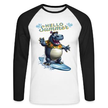 Drôle d’hippopotame avec une planche de surf - surfeur - T-shirt baseball manches longues Homme - blanc/noir - Devant - Nik (191cm)