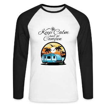 Camper Wohnwagen Spruch-Keep Calm and go campen - Unisex Baseballshirt langarm - Weiß/Schwarz - Vorne - Nik (191cm)