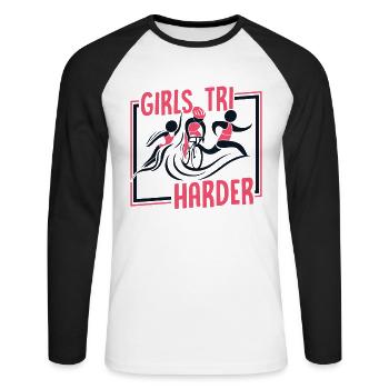Girls TRI Harder Triathlon Bike Triathlete Training - Unisex Long Sleeve Baseball T-Shirt - white/black - Front - Nik (191cm)